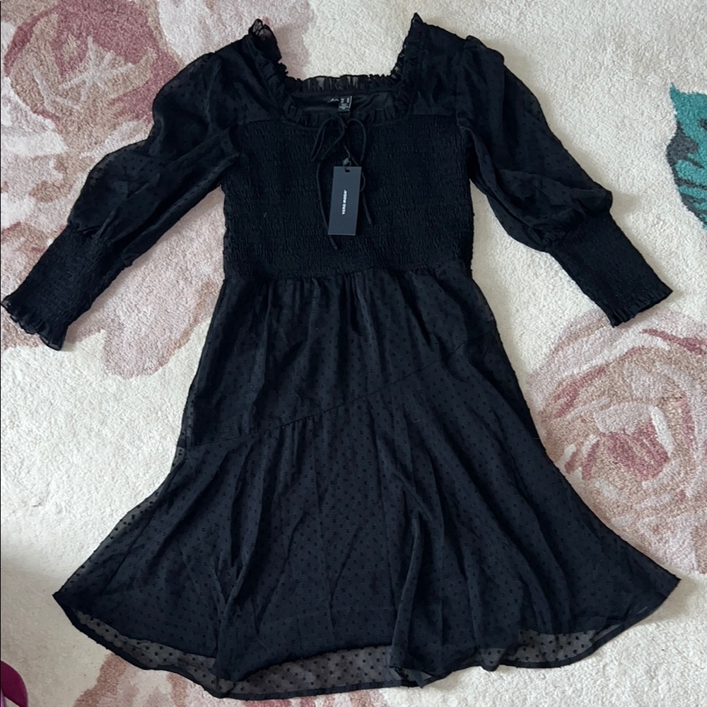 NEW Vero Moda Black Smocked Sundress with Bishop Sleeves